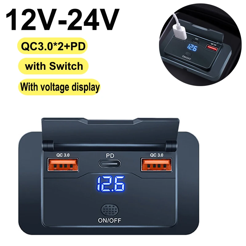 

12/24V Car USB Adapter Socket With voltage Panel Fast Charging Outlet Car Charger Socket Accessories for Auto Bus RV Truck