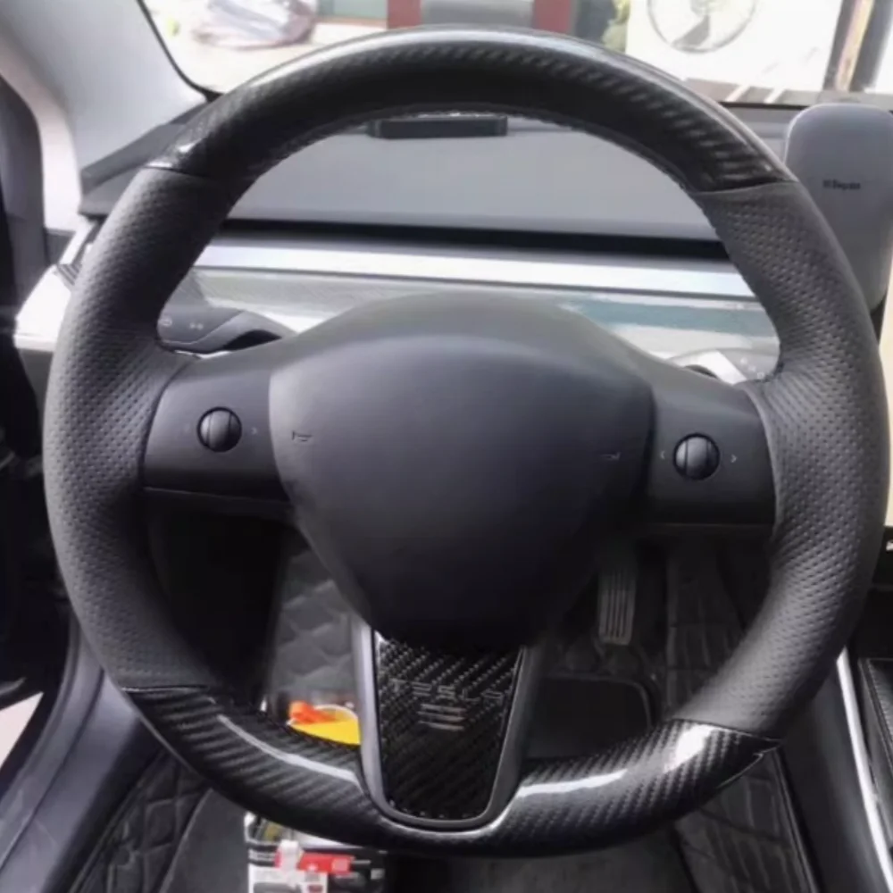 

Car Steering Wheel Cover Carbon Fibre Genuine Leather Breathable For Tesla Model 3 2017 2018 2019 2021 2020 Auto Accessories