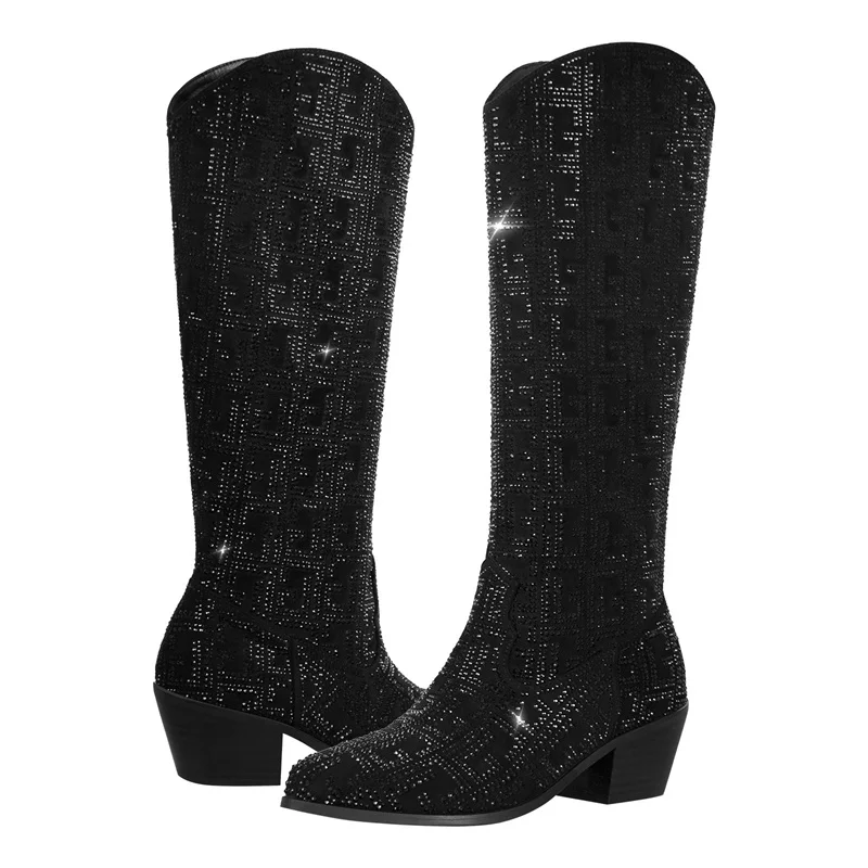 Onlymaker Women Black Knee High Boots Western Cowboy Boots Wide Calf Pointed Toe Block Heel Pull-On Cowgirl Handmade Boots
