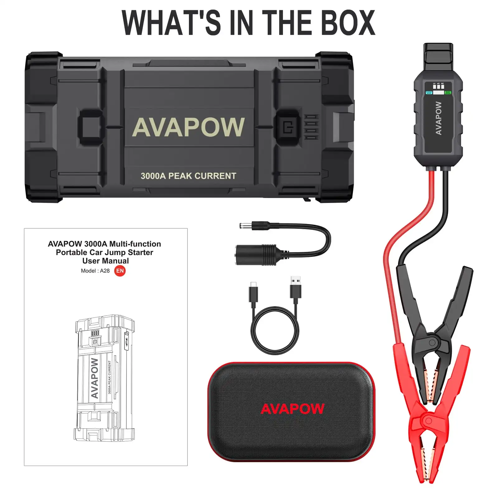 AVAPOW Car Battery Jump Starter ,3000A Peak Portable Jump Starters for Up to 8L Gas 8L Diesel Engine with Booster Function