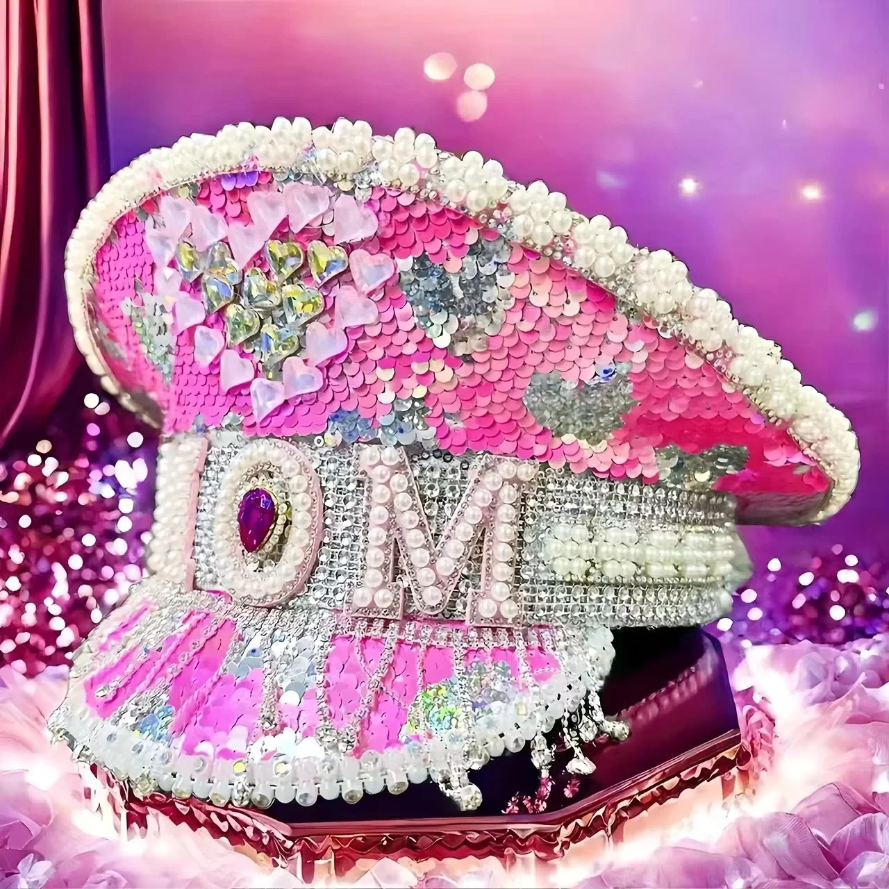 

HongLuan Pink MOM Disco День святого Валентина Капитанская шляпа со стразами для карнавала, Rave Festivals, аксессуары и вечерние шляпы для женщин