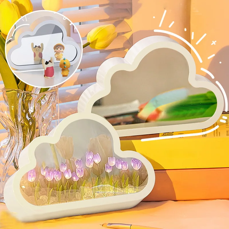 Cloud-Shaped Night Light Handmade Diy Tulip INS Girl Heart Living Room Night Light Small Mirror Desktop Light-Emitting Ornaments