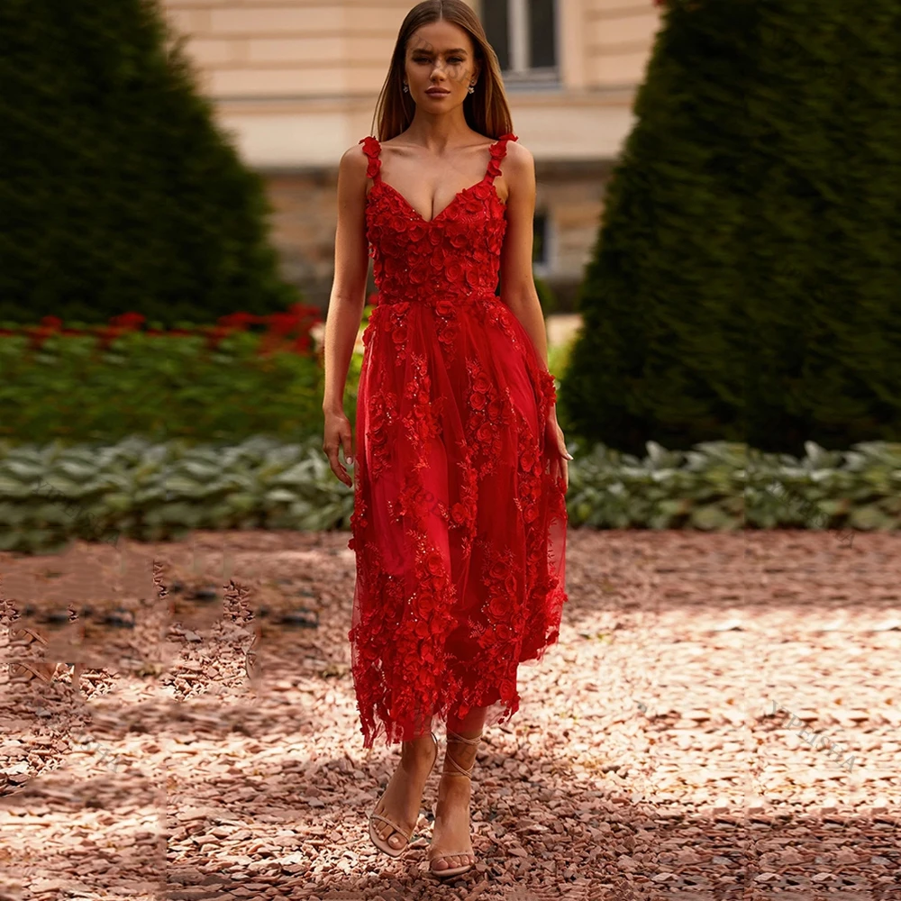 

Red Charming Beading 3D Flowers Spaghetti Strap With Lace-up Elegant Tea-Length Sleeveless A-Line Party Gowns