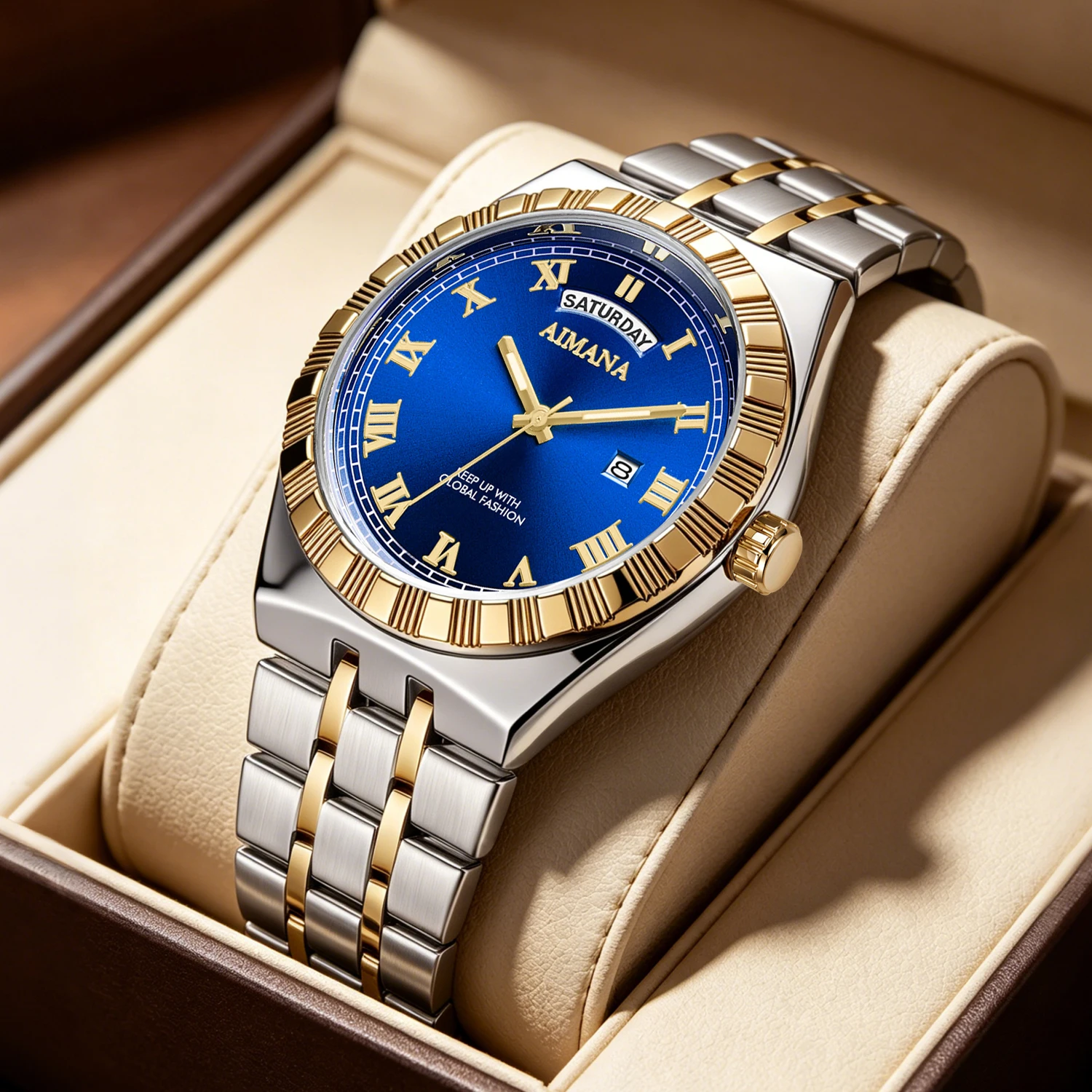 AIMANA Men's Gift Quartz Watch Stainless Steel Band Waterproof Luminous Roman Numeral Dial Luxury Business Wristwatch With Day A