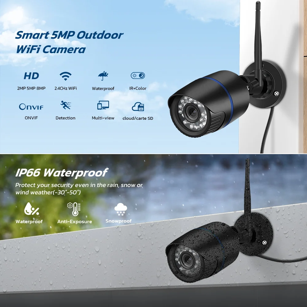 WiFi IP Camera Outdoor Bullet Security Camera AI Human Detection Wireless Video Surveillance CCTV 5MP HD Camara XMEYE/ICSEE APP