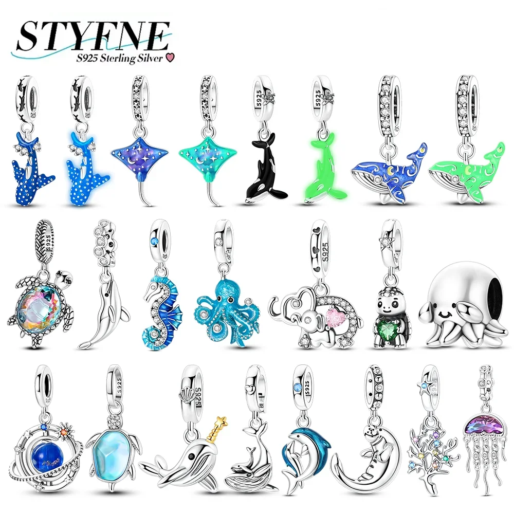 925 Silver Plated Animals Charms Luminous Shark Devil Fish Beads Zircon Octopus Turtle Dolphin Pendant Fit Bracelet Jewelry Gift