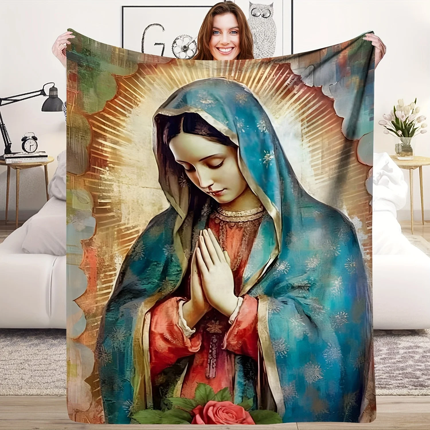 Virgin Mary Religious Art Throw Blanket Spiritual Faith Catholic Home Decor Cozy Decorative Fleece Winter Gift