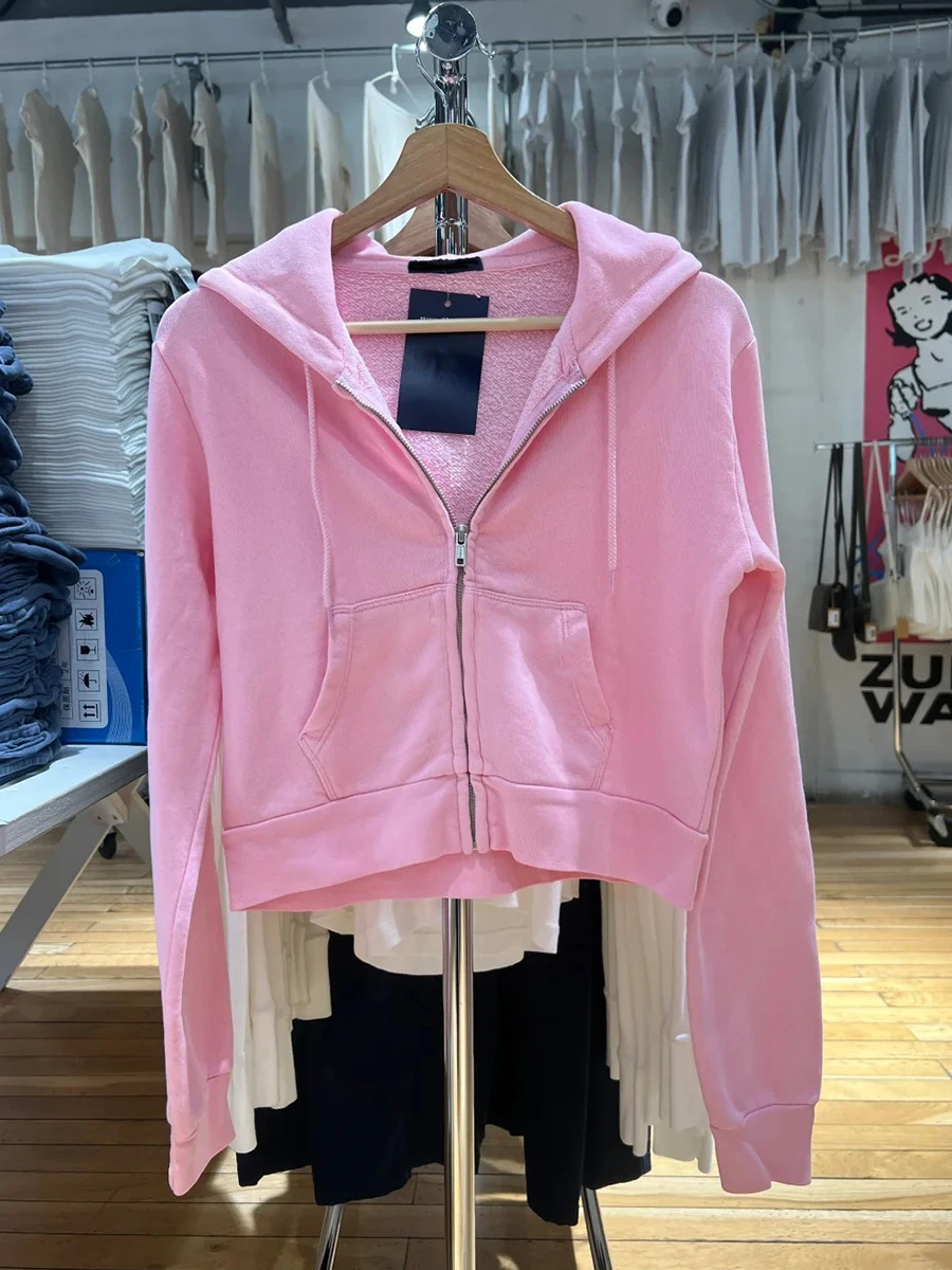 Hoodie Pink Baru Wanita Musim Gugur Slim Zipper Tali Serut Hoodie Lengan Panjang Katun Sweatshirt Gaya Prppy Manis Crop Top Lucu