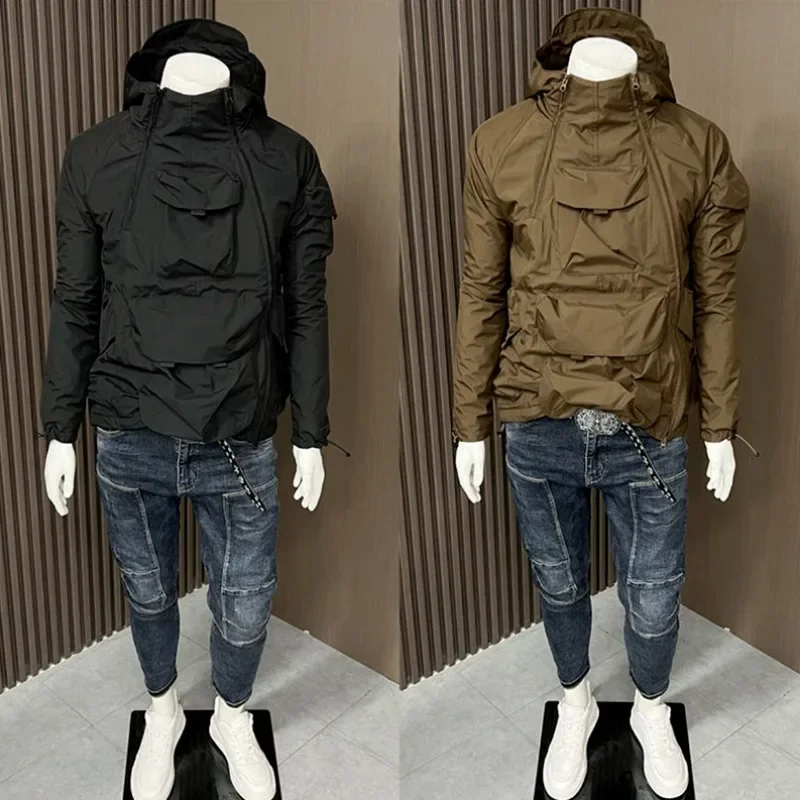 Luxury Brand Double Zipper Hooded Bomber Jacket ZIP-UP Hoodie Long Sleeve Sweatshirt Outdoor Sport Coats Korean Multi-pocket New