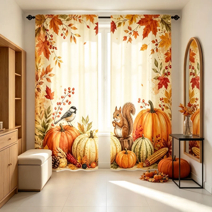 2PCS Digital Print Curtain, Rustic Autumn Maple Leaves Pumpkins Squirrel Bird Pattern, Farmhouse Fall Thanksgiving Decor