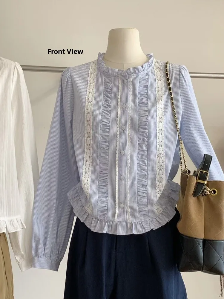 

Korean Sle Lace Wooden Ear Patchwork Long Sve Sweet Bubble Sve irt Women's Loose Fit irt Age Reduction New Arrival