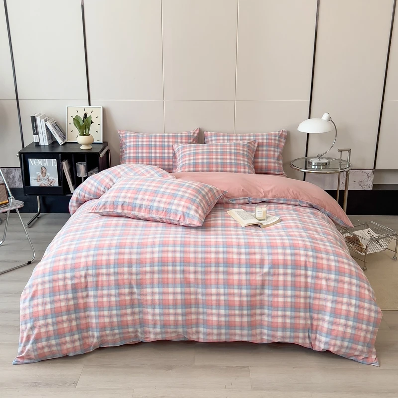 Pink Grid Duvet Cover 100% Washed Cotton Textured Percale Bedding Set Cute Plaid Buffalo Check Gingham Comforter Cover, 3 Pieces