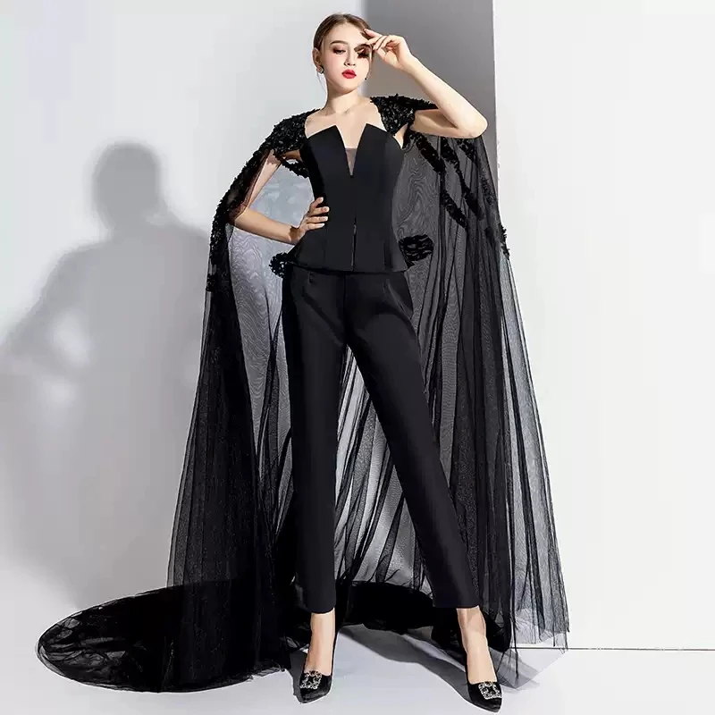 High Quality Black Prom Dress 2026 Cap Sleeve O-Neck Jumpsuit Formal Dress Evening Pageant Gown Robe De Soriee