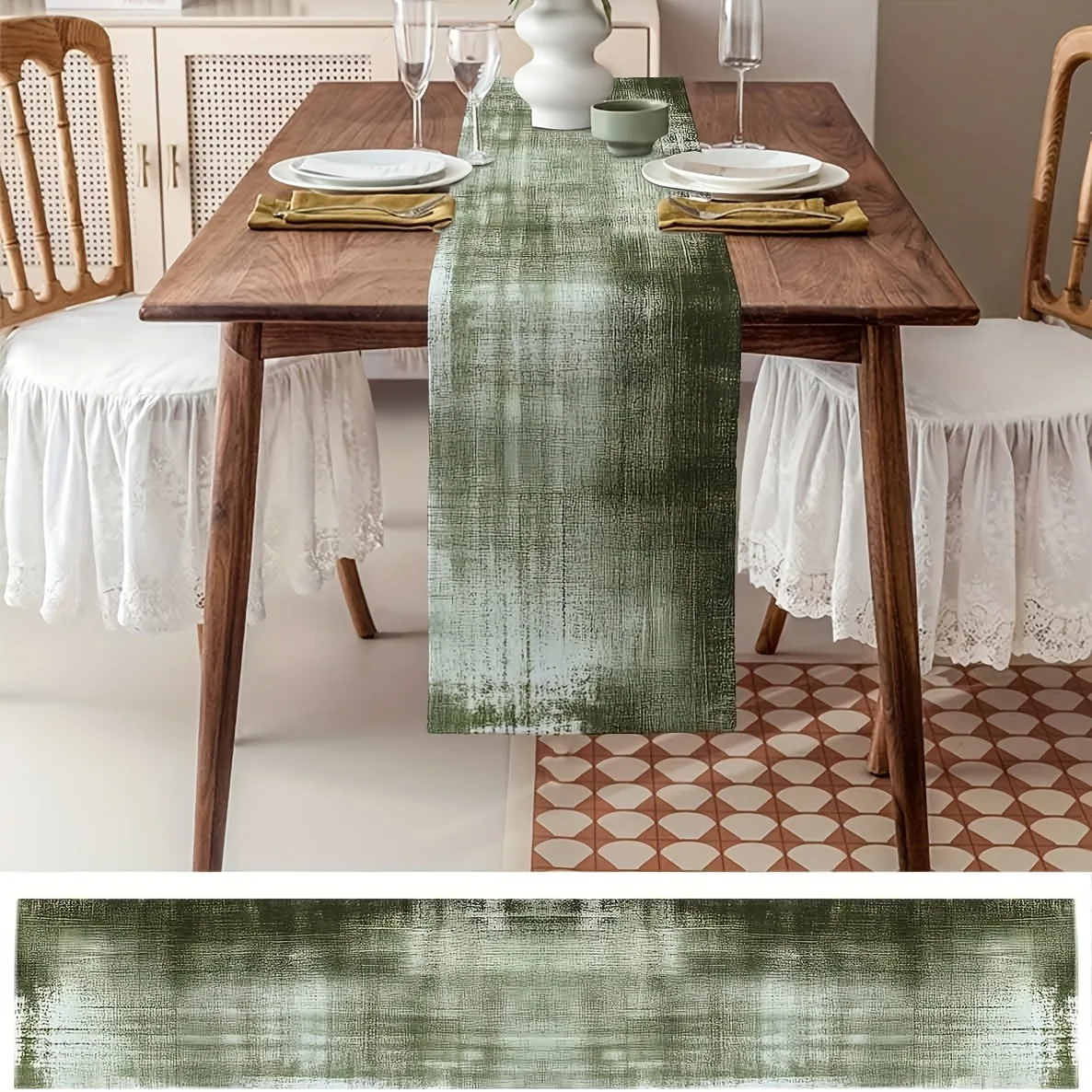 Vintage Crackle Texture Table Runner, Gradient Olive Green Distressed Print, Linen‑Feel Fabric Dresser Scarf, Rustic Farmhouse S