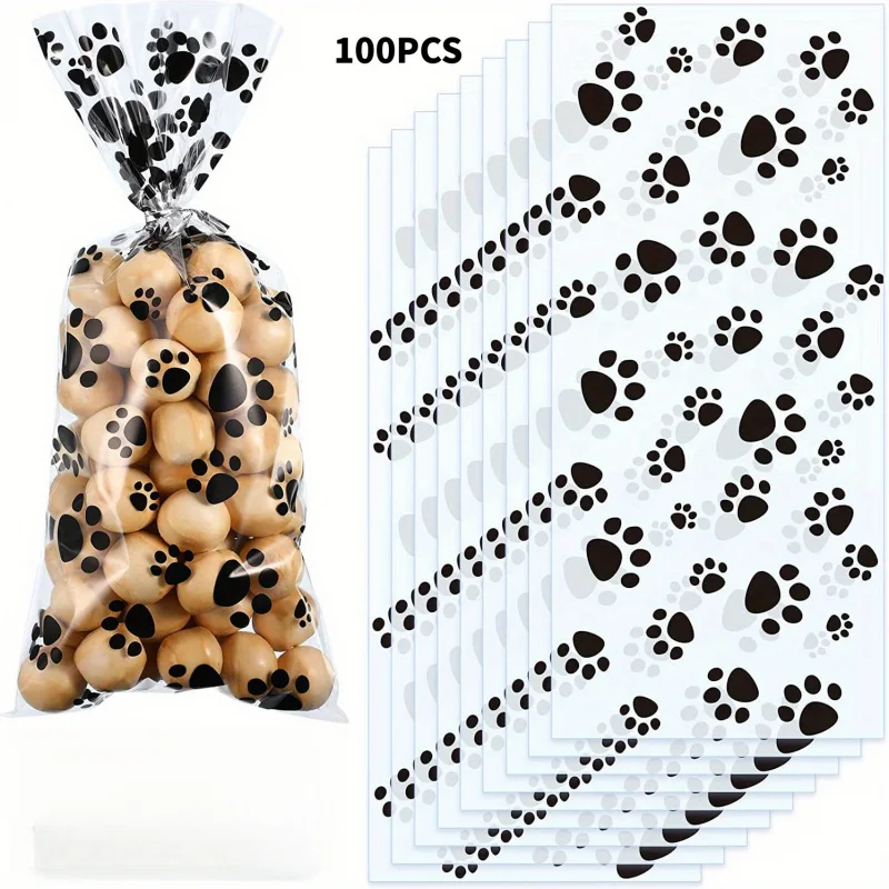 100 Sacos de Celofane com Estampa de Patas, Seláveis a Quente, para Doces, Presentes para Cães e Petiscos para Gatos