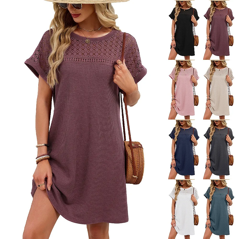 Plain Color Round Neck Lace Patch Loose Short Sleeve Dress Dresses Spring Summer