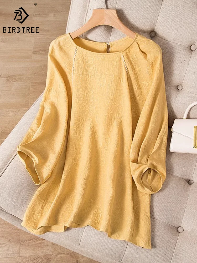 

Birdtree 100%Real Silk Women's T-shirt Crepe Jacquard Weave Pearl Elegant Sweet Pullovers 2023 Summer Autumn Basics Top T38651QM