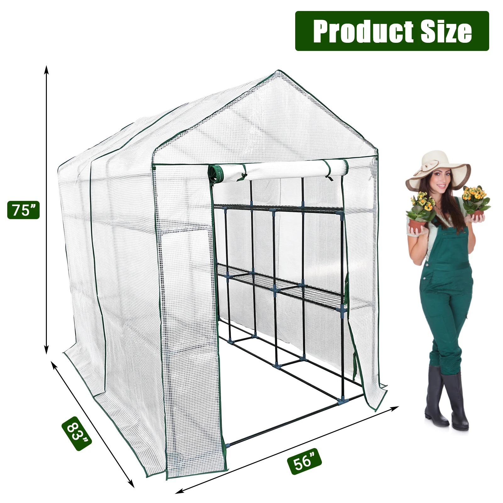 Walk-In Greenhouse with Multi-Tier Shelves, Portable Heavy-Duty Steel Frame Greenhouse, Clear PVC Waterproof Plant Hot House with Zipper Door, No-Tool Easy Assembly Outdoor Growing Shelter for Garden, Patio, Backyard