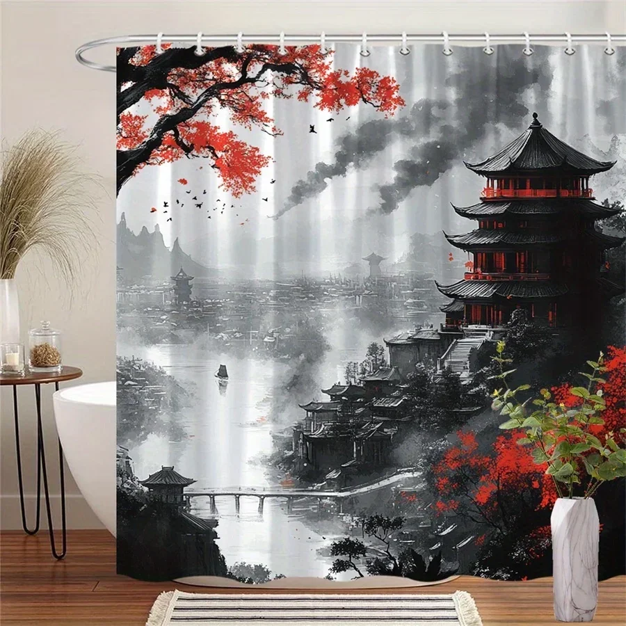 ~O~1pc Asian Cityscape Shower Curtain - Misty Pagodas, Red Tree & Bridge Design with Striking Red Accents, Durable Polyester Fab