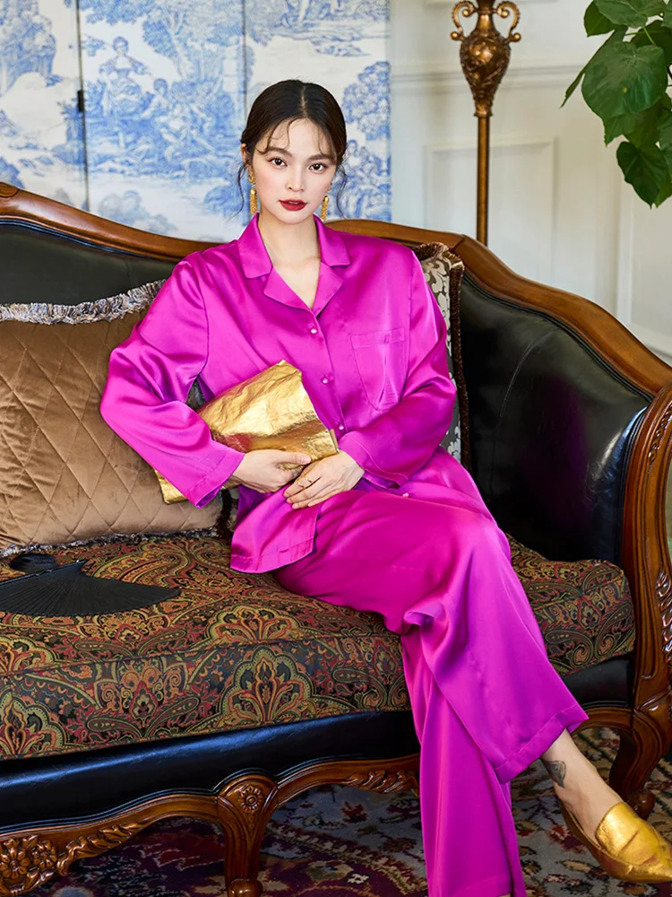 Autumn Luxury Satin Women Pajamas Set Long Sleeve Shirt Loose Pants Sleepwear Rose Purple Suit Ladies Office 2 Piece Sets Outfit