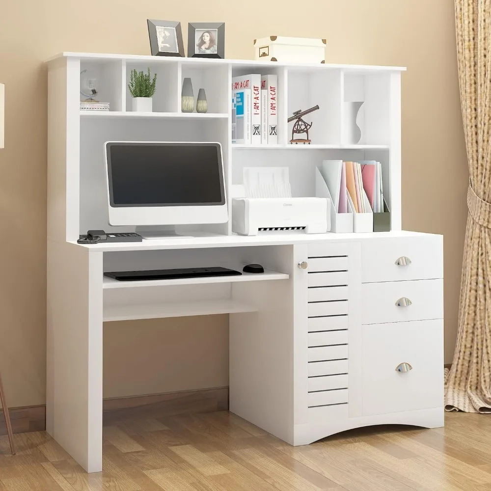 

Computer desk with bookshelves, 2 shelves, keyboard tray, 3 drawers, large home desk, suitable for gaming, studying