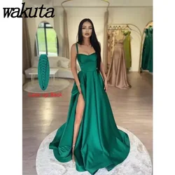 Wakuta Elegante Dames Spaghettibandjes Satijnen Prom Dress Met Zakken Lange Zijde Split A-Line Avond Formele Vestidos De Gala