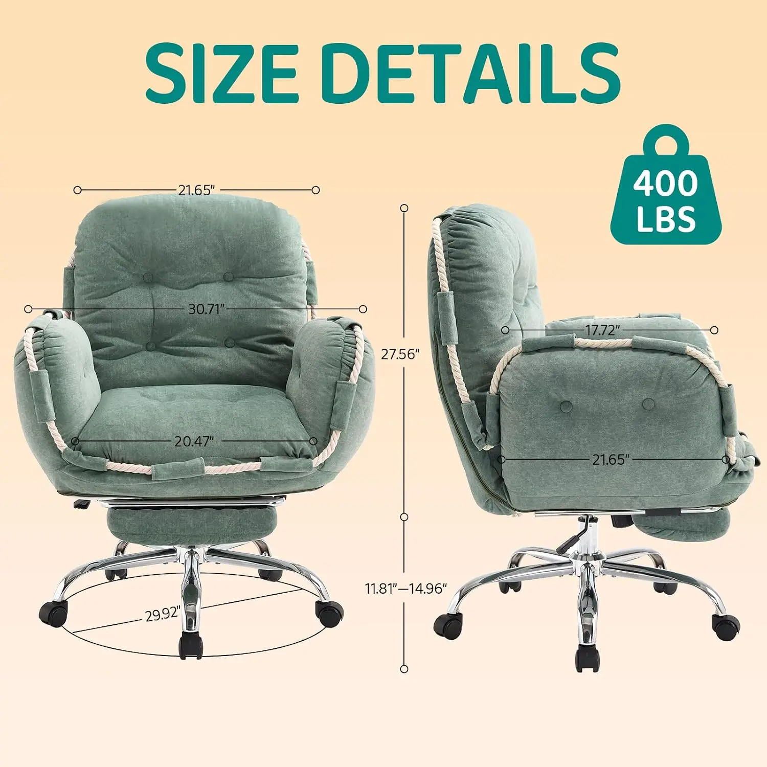 Ergonomic Cross Legged Office Chair with Flip Armrests Footrest Reclining Desk Chair Women Vanity Chair Back Wheels Green, Custo