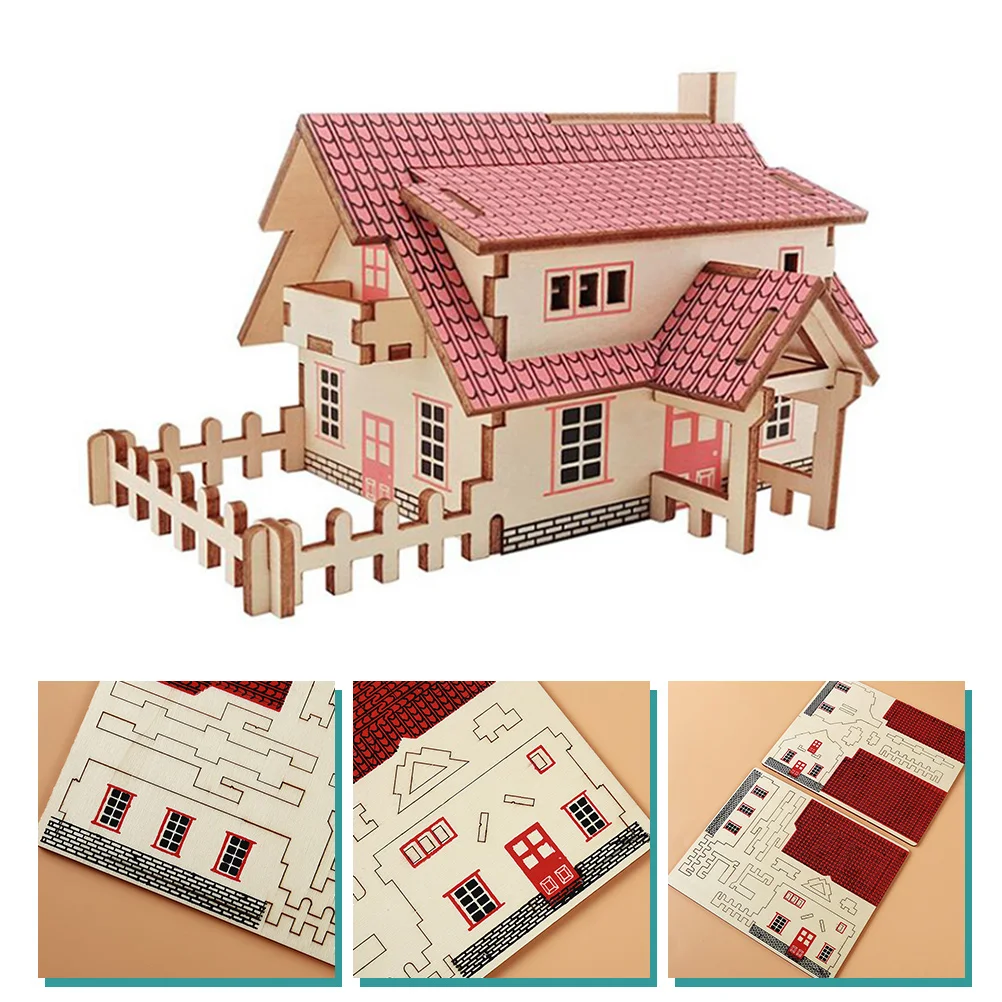 2 Sets Wooden Puzzle Toy Toys House Model Ornaments Models Crafts DIY Assembling Houses