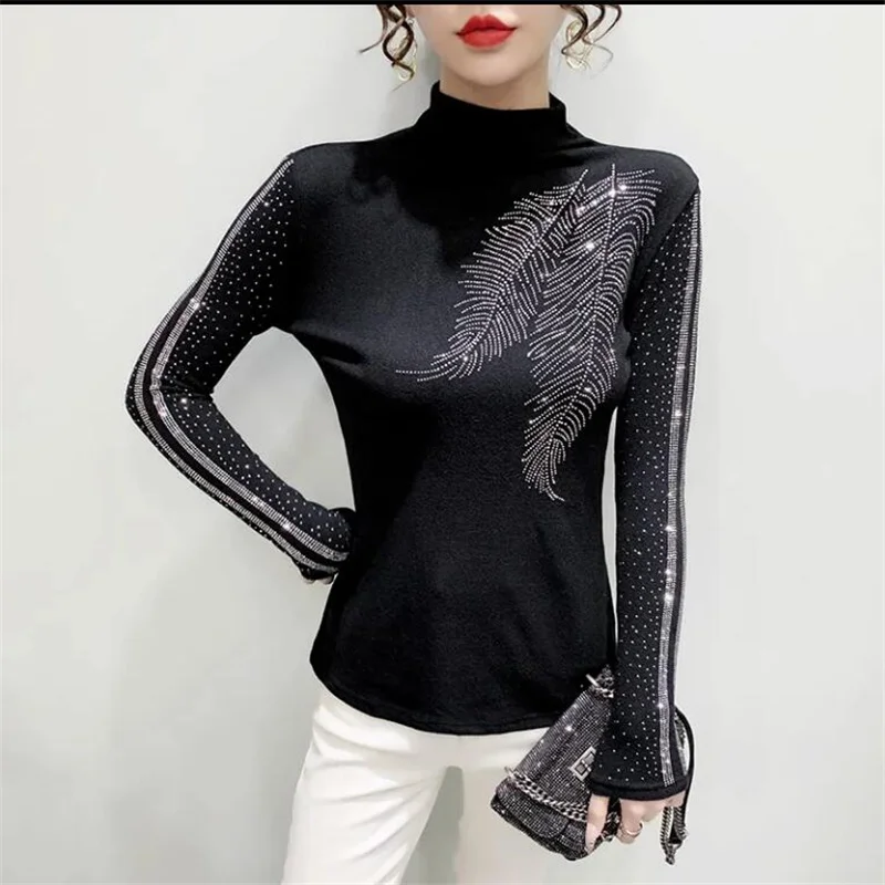 Bright Diamond T-shirt Women Tsse Top Stretch Top Fashion Bottom Jumpper Top Trend Woman Blous OL Basic Drill Feminine Tshirts