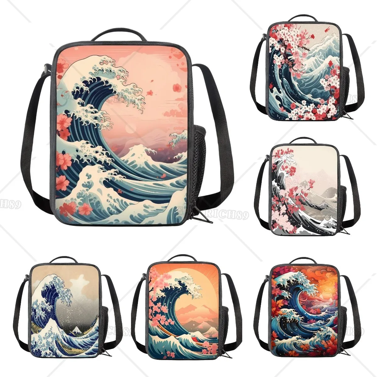 The Great Wave Off Kanagawa Cherry Blossoms Sakura Printed Insulated Lunch Bag with Zipper Side Water Bottle Holder for Womens