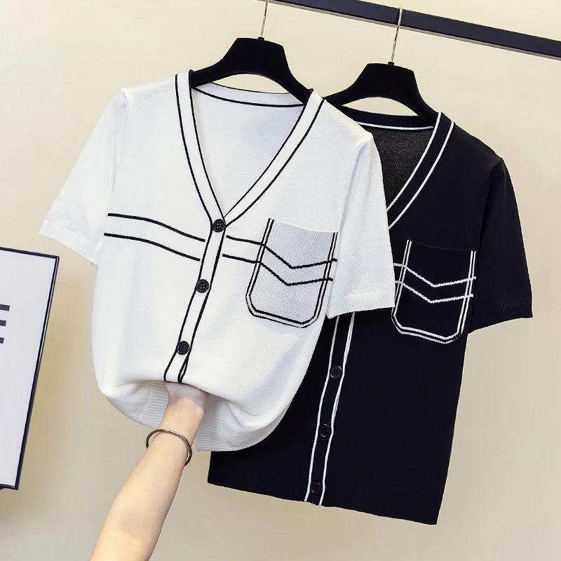 

Women Summer Casual Kntting Sweaters V Collar Striped Patchwork Outwear Jumpers Soft thin Korean Chic Sweater cardigan 2022