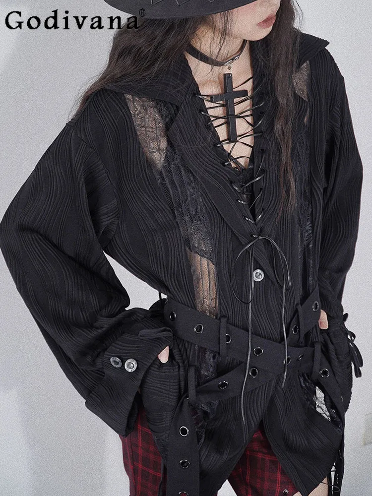 

Spring Autumn New Elegant Lace Splicing Black Long-sleeved Sexy Hollow Shirt Handsome Girl Lace-up V-neck Loose Leisure Punk Top