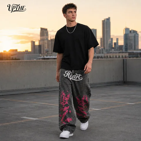 UP.THE Oversized Baggy Jeans for Men, Retro Black Grey Acid Washed Denim Pants, Cherry Blossom Floral Embroidery Y2K Streetwear Wide Leg Trousers, Hip Hop Skate Loose Jeans for Teen Boys Daily Outfits