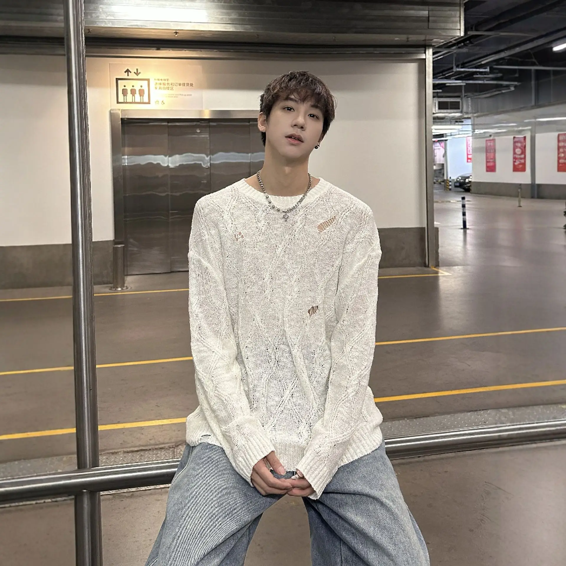 

Hollow Hole Spring New Blouse Thin Mesh Top Men's And Women's Lazy Long-sleeved Youth Knitted Sweater T-shirt