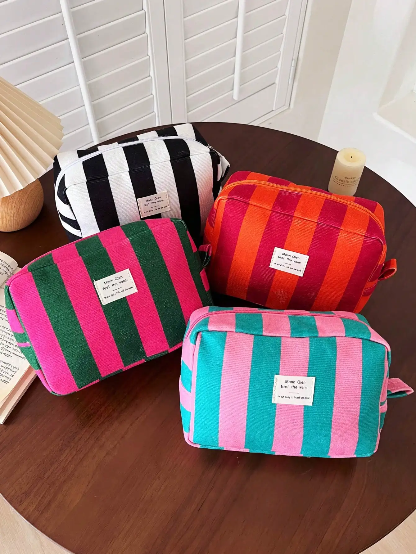 Striped Canvas Cosmetic Bag With Handle, Colourful Makeup Bag for Women Travel Toiletry Organizer For