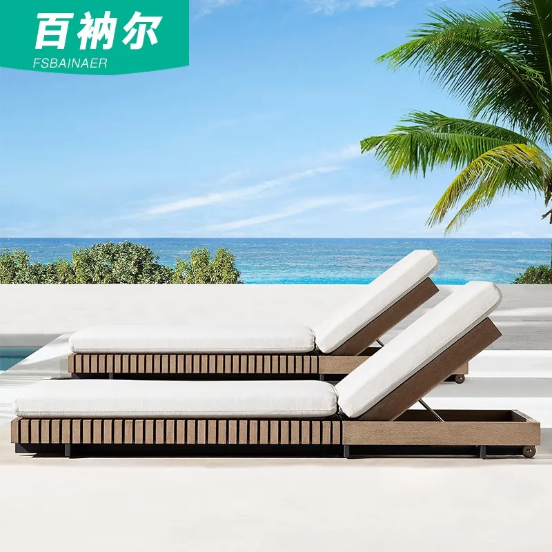 

Outdoor bed teak hotel villa swimming pool lounge waterproof bed and breakfast outdoor seaside solid wood beach chair