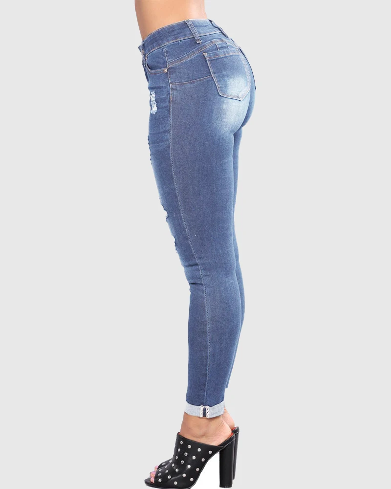 Jean Déchiré Taille Haute en Denim avec Poches et Trous, Pantalon Slim à Haute artificiel asticité, Jambes Droites, Décontracté, Streetwear