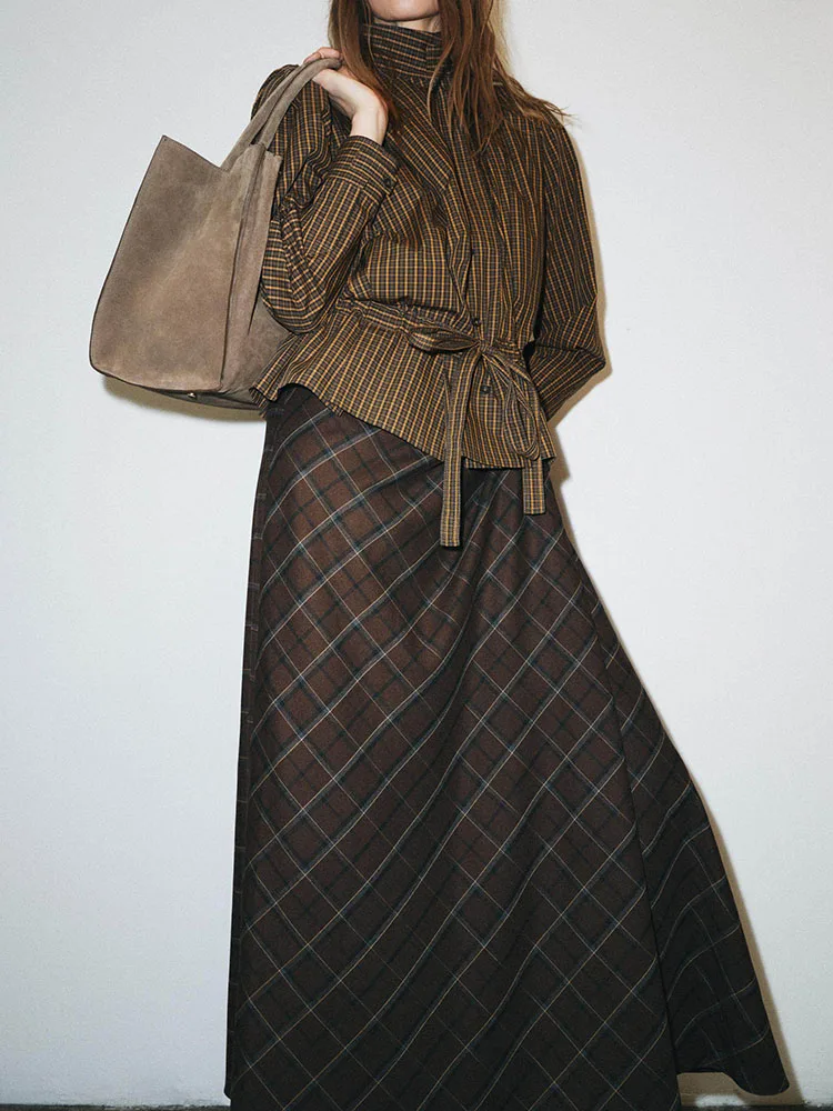 

High-End Spring 2026 ZA2026 Plaid Folded Decoration f Skirt New Arrival Women's Ethnic Costume Stage Performance Dr