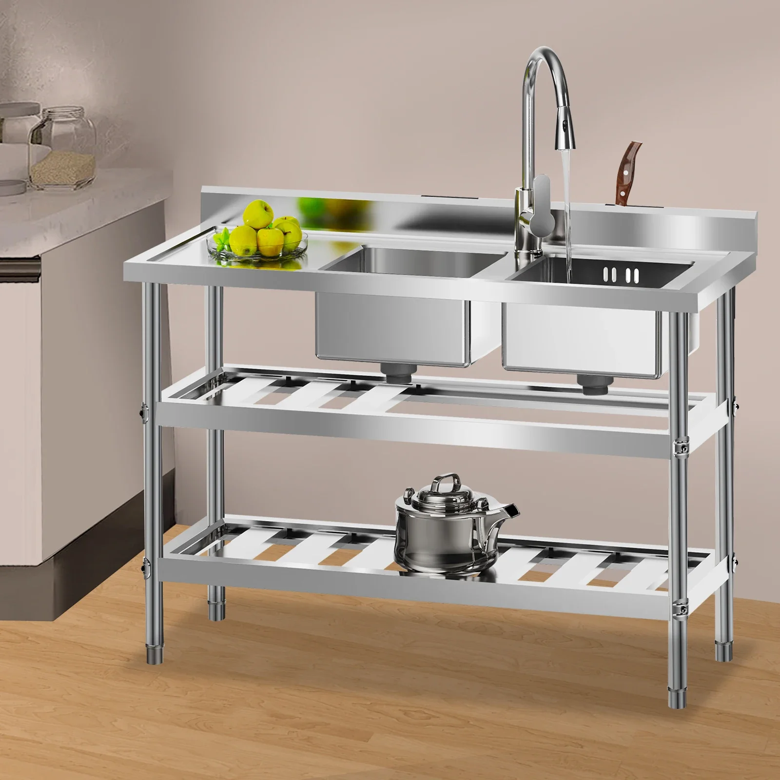 

Трехуровневая коммерческая мойка для ресторана, отдельностоящая, из нержавеющей стали, с двумя чашами и смесителем, для ресторанов и дома