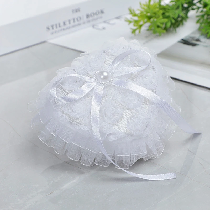 Ring Box Heart Wedding Lace Holder cuscino cerimonia cuscini portagioie scatole di forma bianca custodia con strass di perle proposta d\'amore