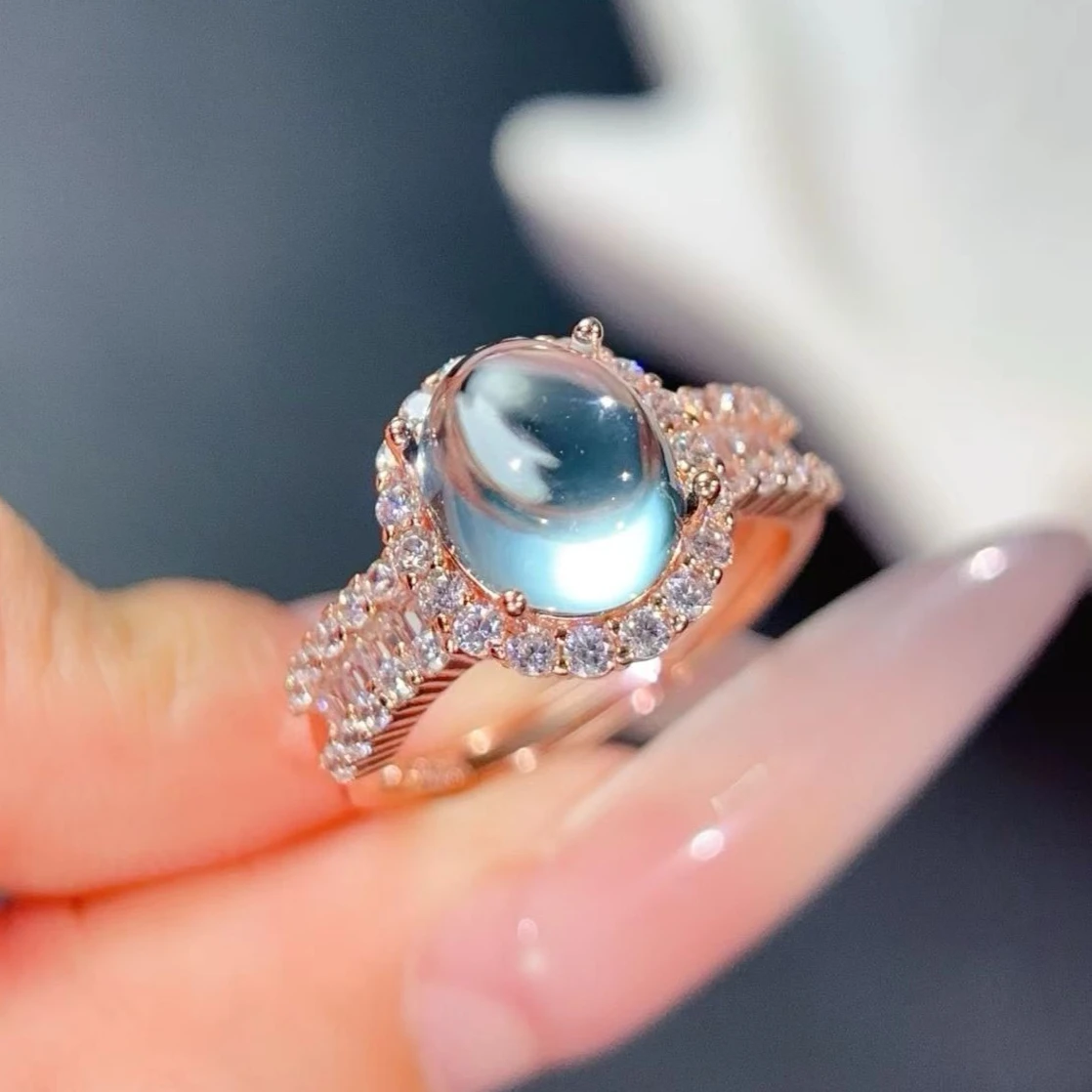 Fashion Natural Blue Topaz Ring 925 Silver 8x10mm Ice Blue Oval Cabochon CZ Halo Ring with Certificate Elegant Gift for Her