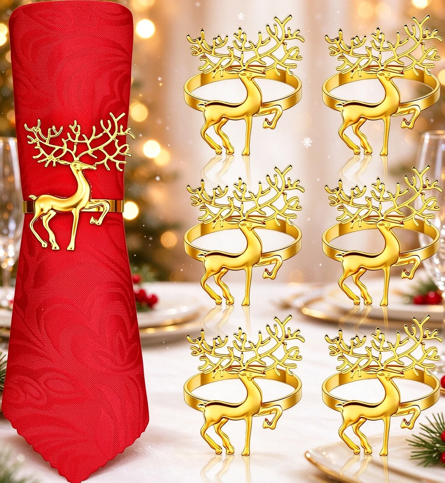 6-24Pcs Christmas Reindeer Napkin Ring Holders Deer Shape Table Decor for Holiday Dinner Restaurant Home Party Decoration