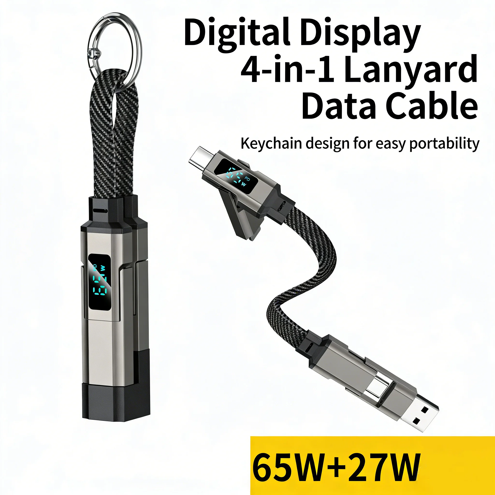 

4 in 1 Short Multi Function Fast Charging Cable with LED Display,USB A/Type C/L Portable Keychain Lanyard Cord for iPhone 17/16