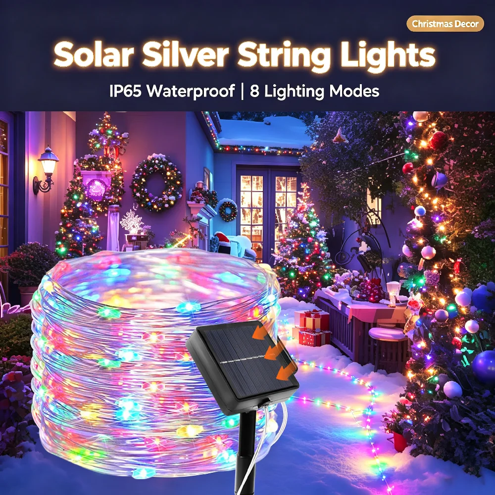 Solar Christmas Light Strings Silver String Solar Fairy Lights Waterproof Solar Christmas Lights For Patios Gardens Decoration