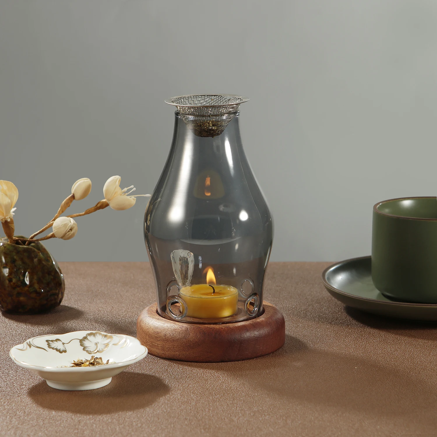 Kerzenhalter aus Glas, Aromatherapie-Heizhalter mit Holzsockel, Aromatherapie-Räuchergefäß für Yoga, SPA, Aromatherapie – Detail 2