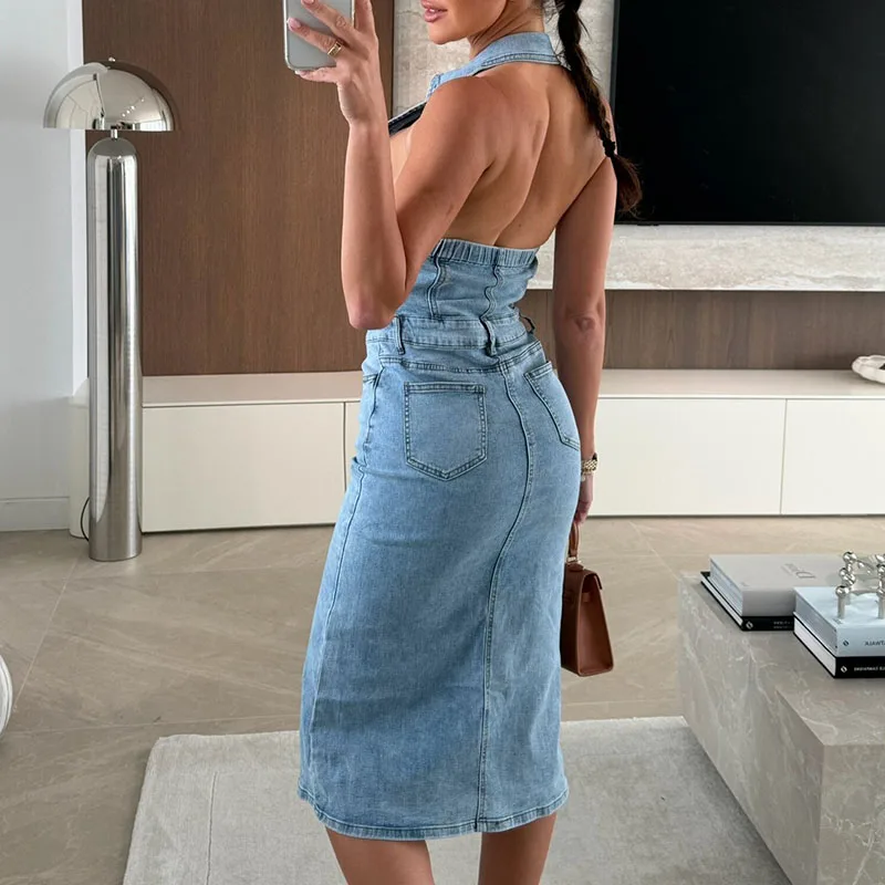 Sexy schulterfreies, rückenfreies Bodycon-Kleid, modisches ärmelloses, schmales Wickelkleid für Partys, Sommer 2026, einreihiges Jeanskleid