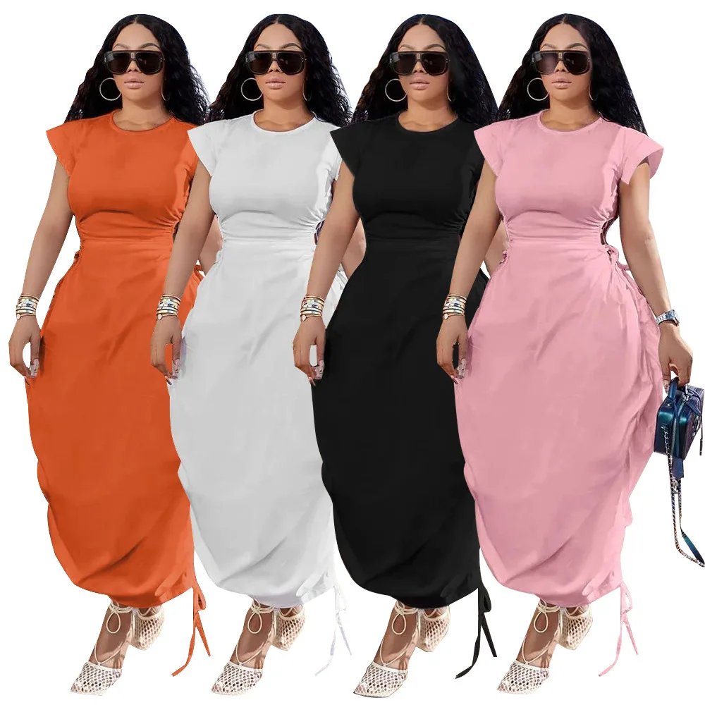 Letnia moda Okrągły dekolt Plus Size Sukienka damska Solidne krótkie rękawy Wydrążone sznurowane sukienki codzienne z wysoką talią 4XL 5XL