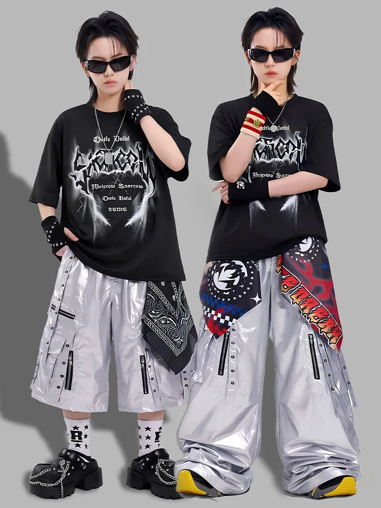Hip Hop Boys T-shirt Riveted Cargo Pants Silver Shorts Girls K-pop Street Dance Costume Kid Jazz Clothes Set Children Streetwear