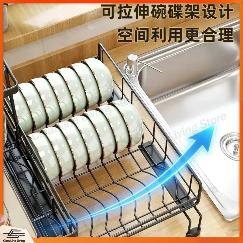 Multifunctional Dish Storage Rack for Kitchen Sink Countertop Chopsticks Plate Drain Organizer Double Layer Foldable view 3