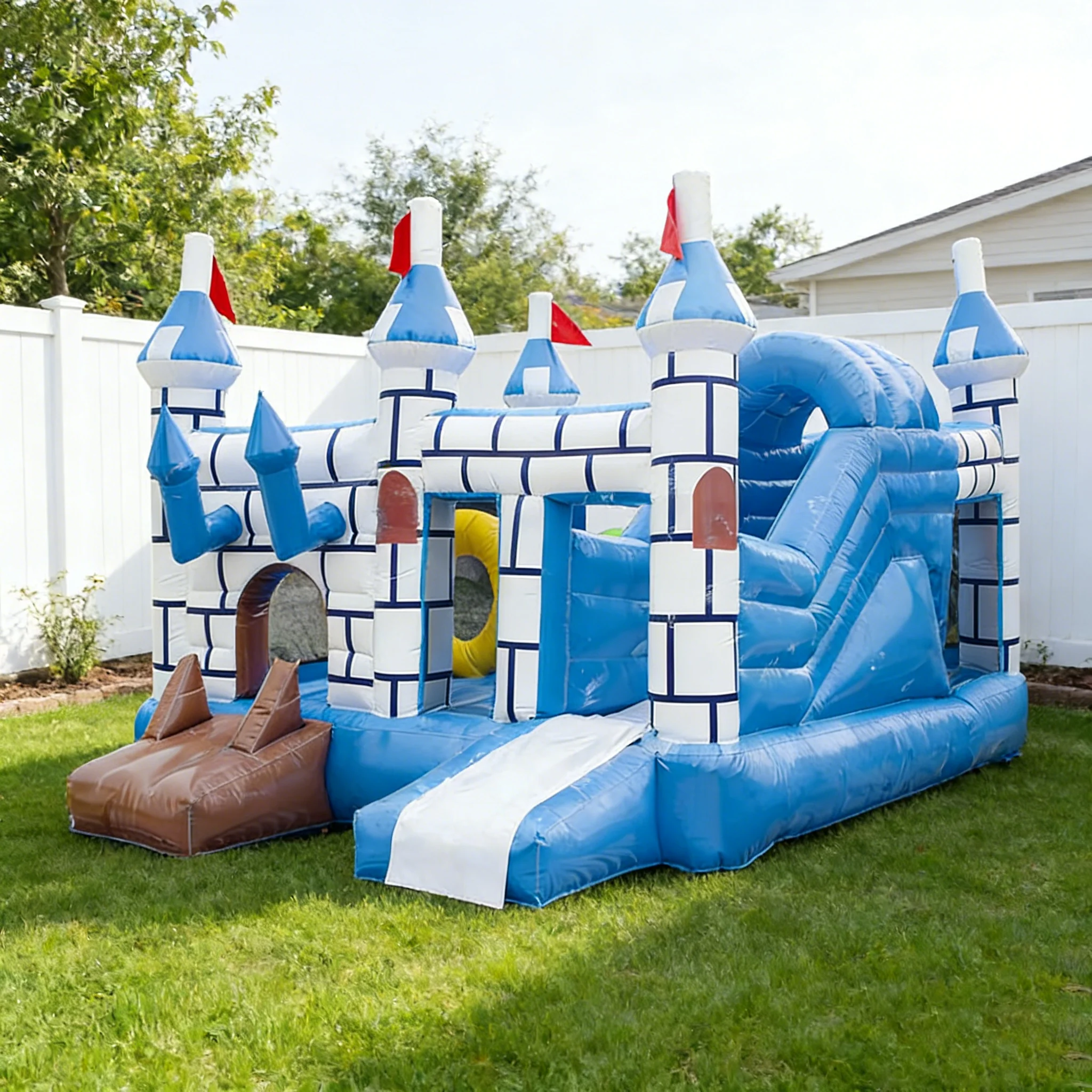 High Quality Blue and White Inflatable Bouncy Castle with Slide PVC Jumping House for Kids Indoor Outdoor Backyard Party Use